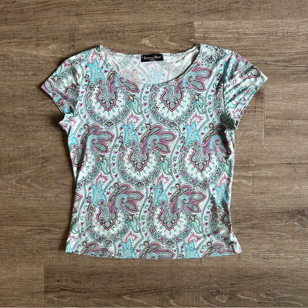 Brittany Black Mint and Pink Paisley Short Sleeve Tee with silver sequins Y2K